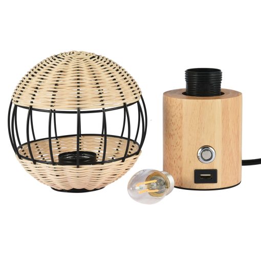Table Lamp With USB Interface European Style Rubber Wood Bamboo Woven Bedside TurboTech Co 5