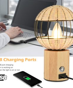 Table Lamp With USB Interface European Style Rubber Wood Bamboo Woven Bedside TurboTech Co
