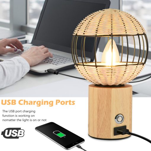 Table Lamp With USB Interface European Style Rubber Wood Bamboo Woven Bedside TurboTech Co