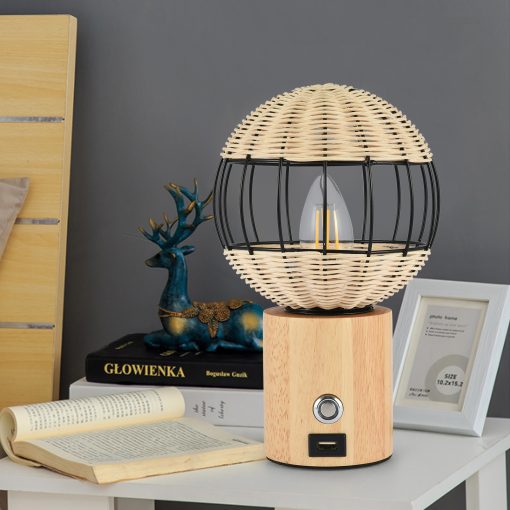 Table Lamp With USB Interface European Style Rubber Wood Bamboo Woven Bedside TurboTech Co 8