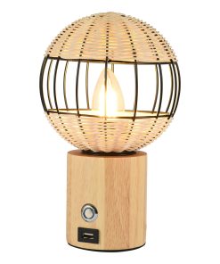 Table Lamp With USB Interface European Style Rubber Wood Bamboo Woven Bedside