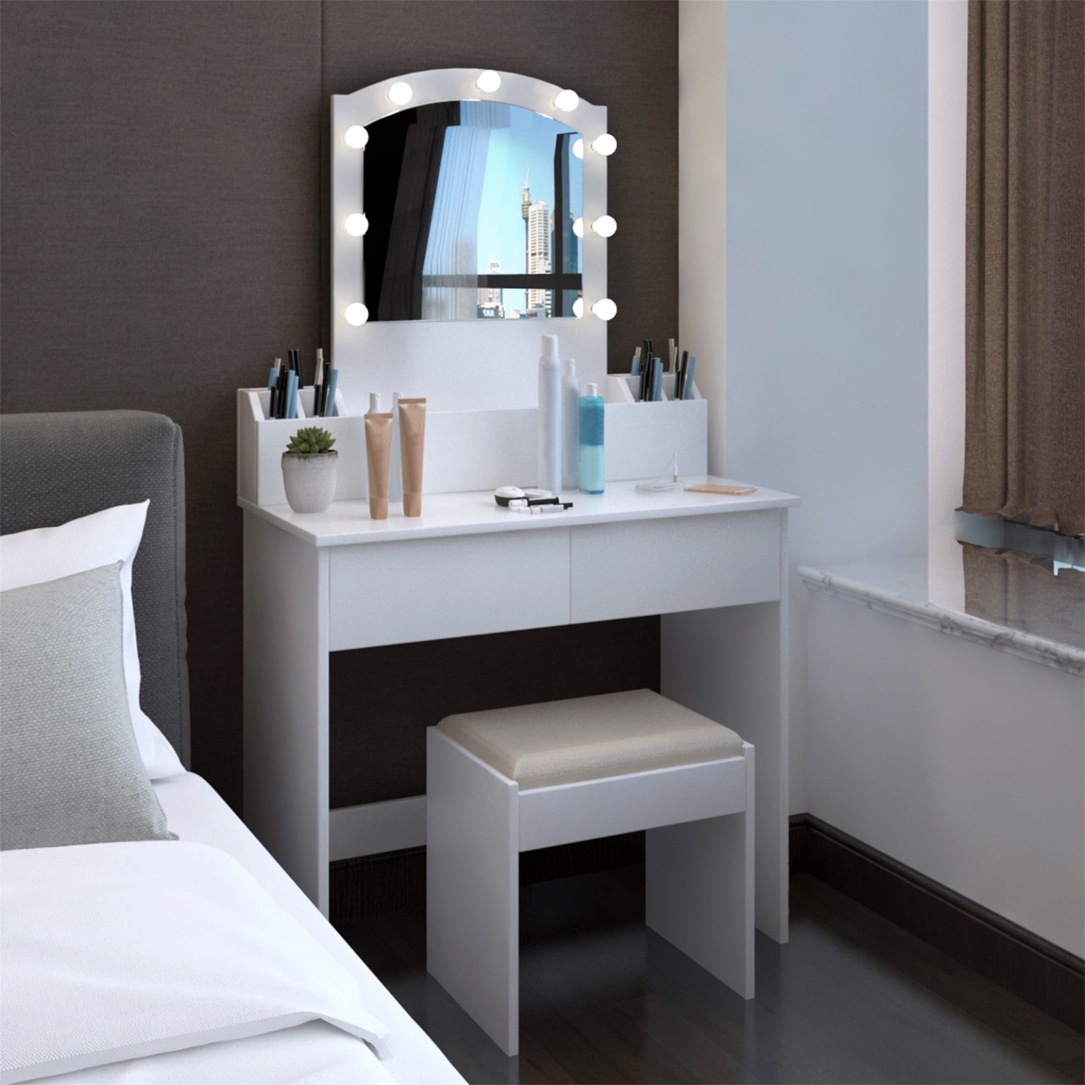 Vanity Set With Led Light Mirror and Cushioned Stool Storage Drawer Makeup Table-TurboTech.co