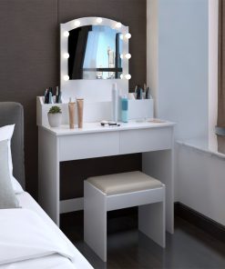 Vanity Set With Led Light Mirror and Cushioned Stool Storage Drawer Makeup Table-TurboTech.co