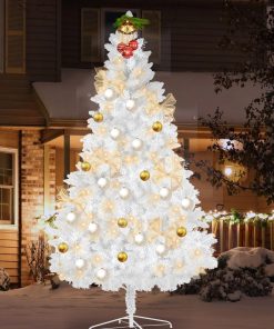 White Artificial Christmas Tree Snow Flocked 8ft  Full Tree With  Metal Stand TurboTech Co