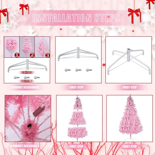 Pink Artificial Christmas Tree Snow Flocked 7-9ft  Full Tree With Metal Stand TurboTech Co 8