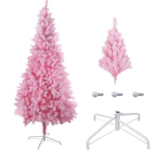 Pink Artificial Christmas Tree Snow Flocked 7-9ft  Full Tree With Metal Stand TurboTech Co 4