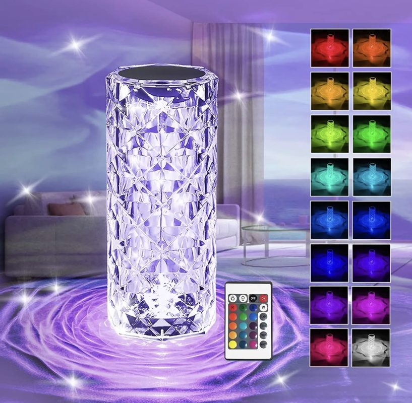 Crystal Lamp Rechargeable Touch Table Lamp with 16 RGB Colors