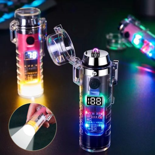 Transparent Shell Dual Arc USB Charging Lighter Outdoor Waterproof LED Colorful Light Power Display Illumination Light Gadgets TurboTech Co