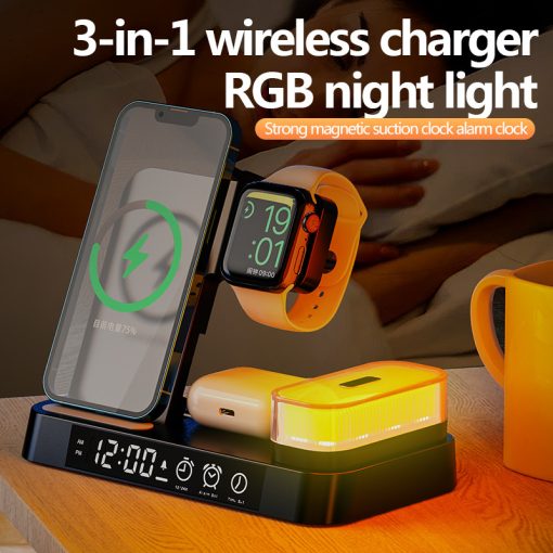 4 In 1 Multifunction Wireless Charger Station With Alarm Clock Display Lamp Foldable Magnetic Charger Stand With RGB Night Light TurboTech Co 2