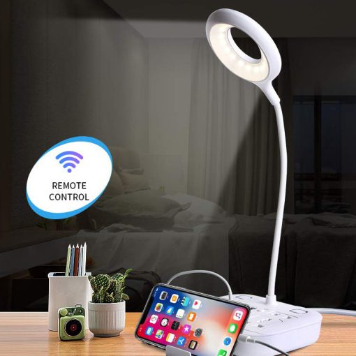 USB LED Desk Lamp 360 Adjustable Table Light With Power Outlet Socket, Phone Holder, and Remote Control  Dimmable Office / Home Nightlight TurboTech Co