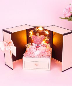 Teddy Bear Preserved Flower In Box With Lights Gift Idea