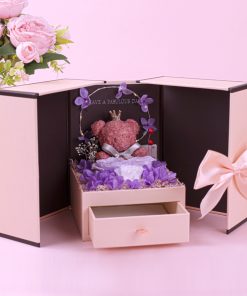 Teddy Bear Preserved Flower In Box With Lights Gift Idea