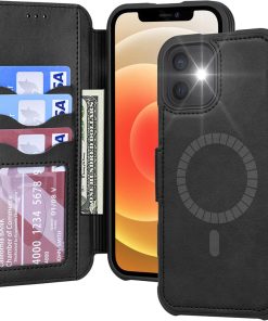 Phone Case Wallet Magnetic Wireless Charge with Card Holder RFID Blocking Flip iPhone Cover Black/Blue