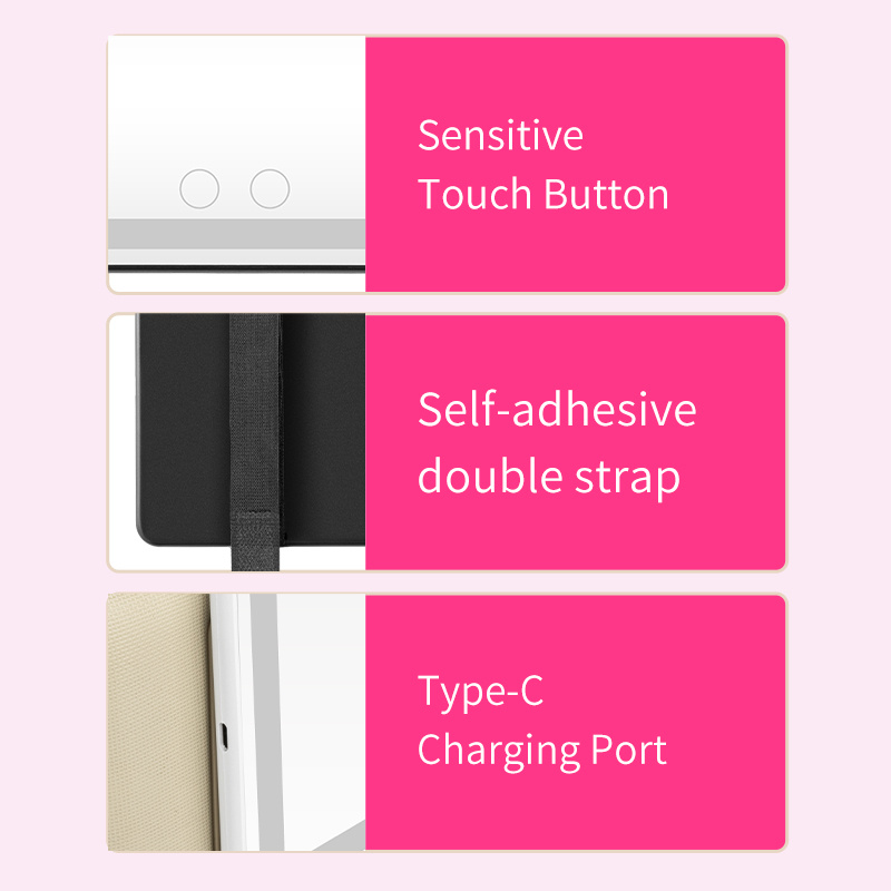 Portable Mini Makeup Mirror With 3 Lighting Modes LED Dimmable Touch Control & Self Adhesive Strap Light gray fleece hoodie with front pocket and drawstring hood, perfect for casual wear.