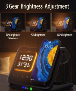 5-in-1 Wireless Charging Station with LED Alarm Clock, Fast Charger for Phone, Watch & Earbuds