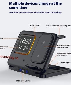 5-in-1 Wireless Charging Station with LED Alarm Clock, Fast Charger for Phone, Watch & Earbuds