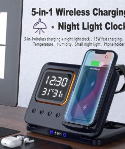 5-in-1 Wireless Charging Station with LED Alarm Clock, Fast Charger for Phone, Watch & Earbuds