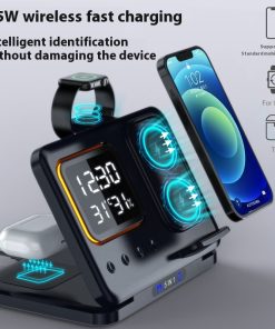 5-in-1 Wireless Charging Station with LED Alarm Clock, Fast Charger for Phone, Watch & Earbuds