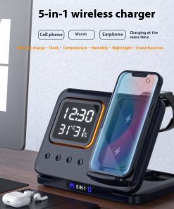 5-in-1 Wireless Charging Station with LED Alarm Clock, Fast Charger for Phone, Watch & Earbuds